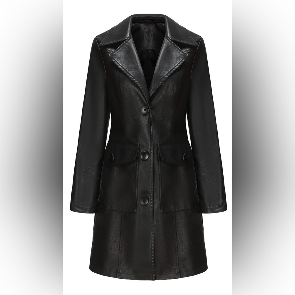 BRAND NEW FUTARIO BLACK “BRITISH SUITS” MID-LENGTH VEGAN LEATHER COAT